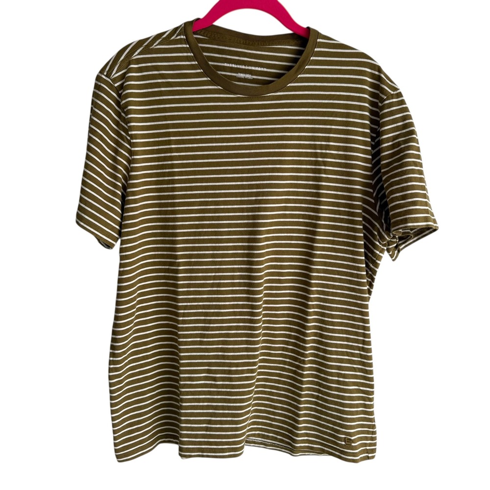 EVERLANE UNIFORM Olive Green Crew Neck Striped Mens Short Sleeve Tee, L‎